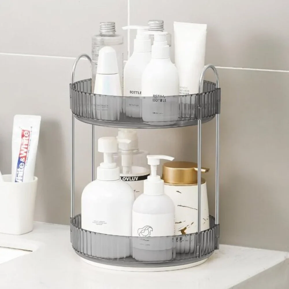 New 2-Tier 360° Rotating Smoky Gray Makeup Organizer for Vanity & Room Storage